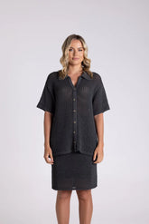Two T's Tape Yarn Short Sleeve Cardigan - Charcoal